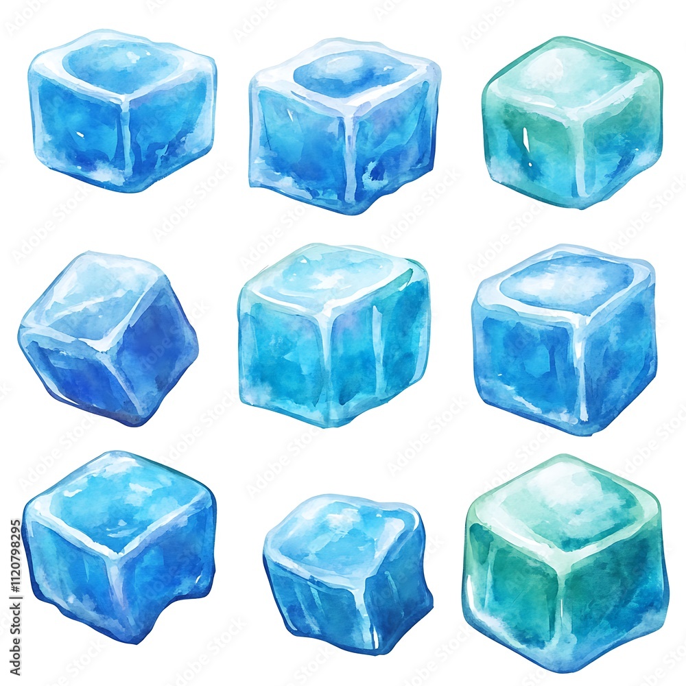 Obraz premium Watercolor illustration of nine ice cubes in various shades of blue and green, perfect for refreshing drink designs.