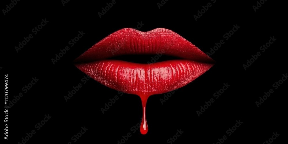 Close up of red lips with dripping liquid on a black background Close up of red lips with dripping liquid on a black background