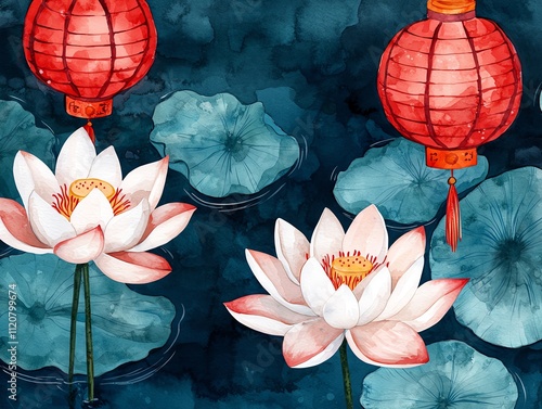 Soft watercolor of lotus flowers floating in a pond under New Year s red lanterns photo