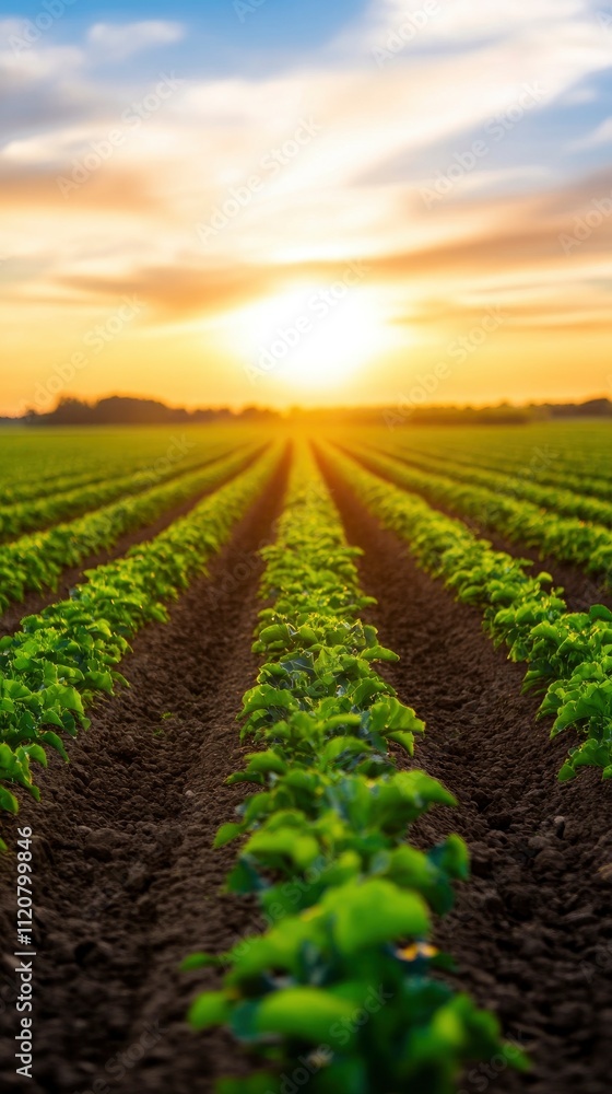 Sunrise over an endless field with rows of crops, showcasing agricultural beauty and nature's grandeur. Sunrise over an endless field with rows of crops, showcasing agricultural beauty and nature's grandeur.