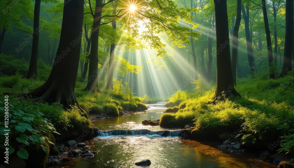 Fototapeta premium Serene forest landscape with tall ancient trees, sunrays breaking through the canopy, soft green moss covering the forest floor, and a babbling brook running through the scene.