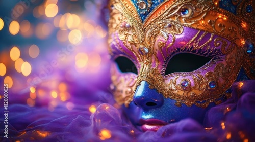 Top View of a Colorful Mardi Gras Carnival Mask with Feathers and Beads Against a Dreamy Background