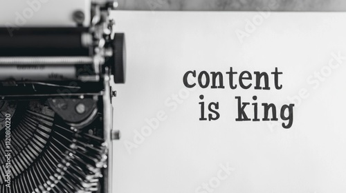 The words content is king written on white paper with a vintage typewriter, in black and white.
