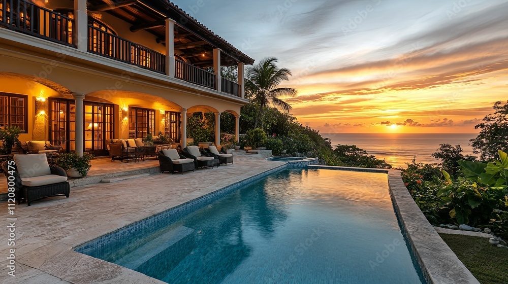 Fototapeta premium Luxurious Oceanfront Villa Sunset Poolside Relaxation