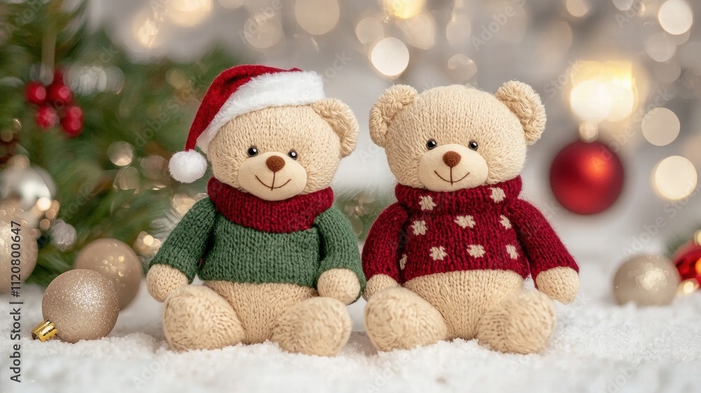 Two adorable teddy bears in festive attire, sitting on a snowy surface with a Christmas tree and ornaments in the background. Two adorable teddy bears in festive attire, sitting on a snowy surface with a Christmas tree and ornaments in the background.