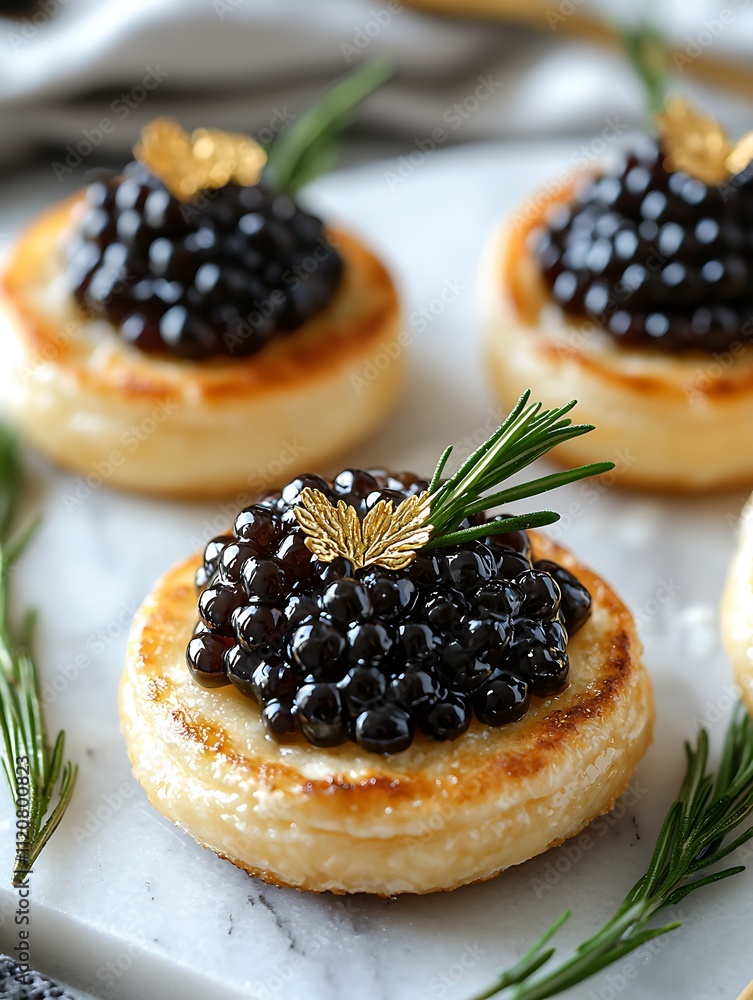 Delicious Pastry Bites Topped with Black Caviar and Gold Leaf Garnish. Delicious Pastry Bites Topped with Black Caviar and Gold Leaf Garnish.