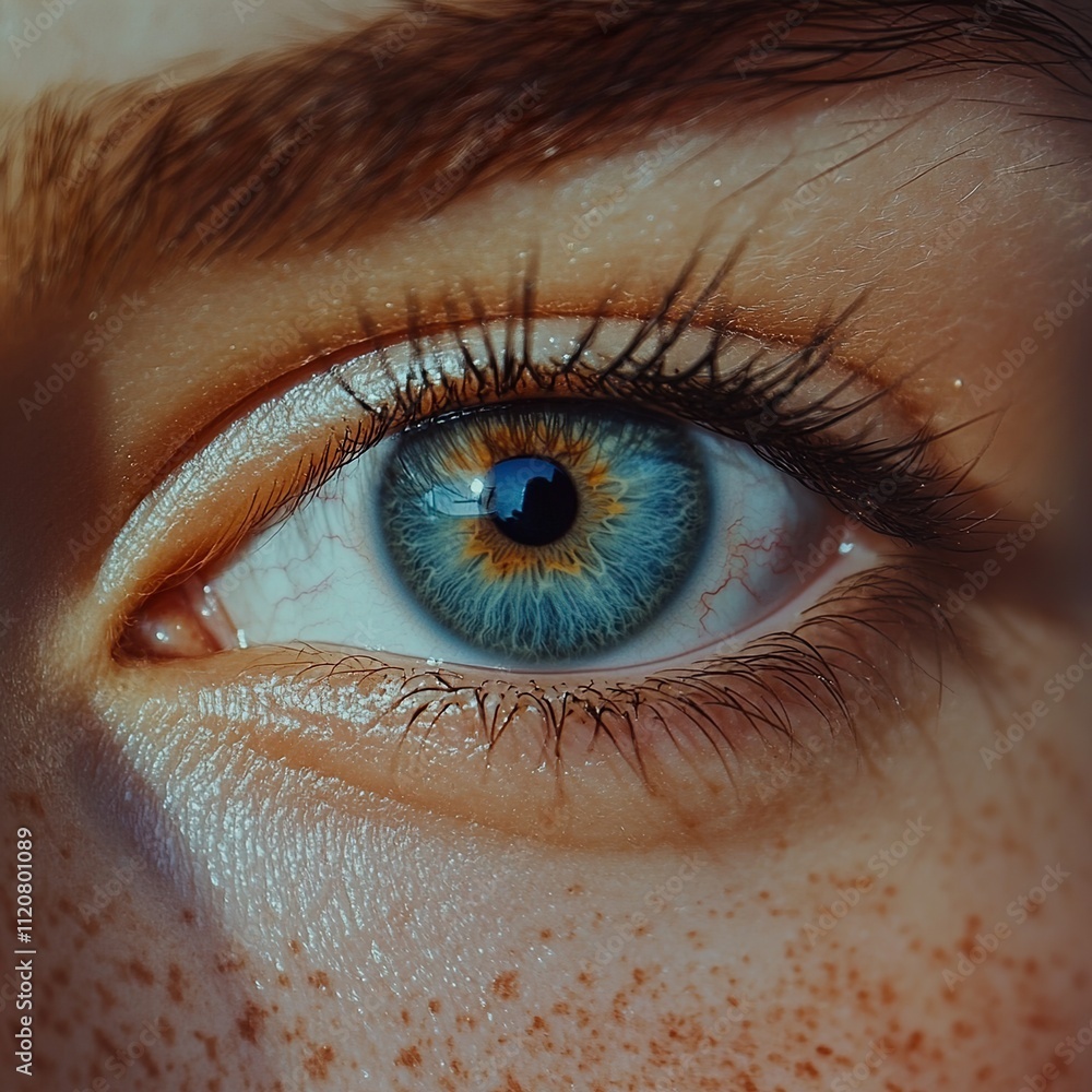 Fototapeta premium Close-up of a mesmerizing blue eye with freckles and sunlit skin.