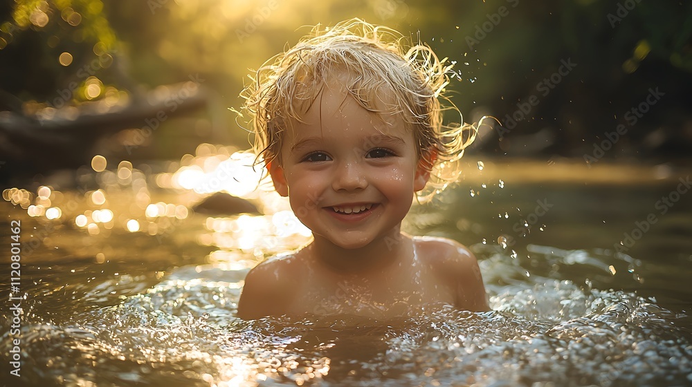 Fototapeta premium Joyful Child Splashing in a Sunlit Stream Nature Scene Candid Photography Summer Bliss Playful Environment