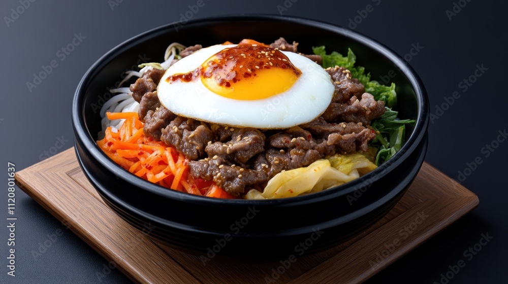 A bowl of bibimbap topped with a fried egg and spicy sauce. A bowl of bibimbap topped with a fried egg and spicy sauce.
