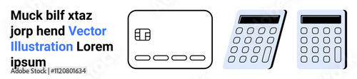Credit card and two calculators shown alongside placeholder text. Ideal for financial analysis, business planning, accounting, budgeting, educational materials, banking, e-commerce. Landing page