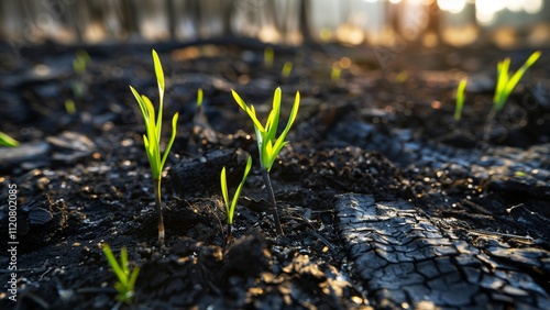 Green Shoots Growing From Burnt Soil at Sunrise, Concept of Renewal, Hope