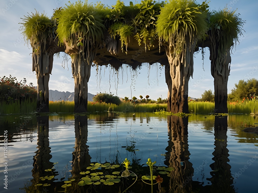 Obraz premium A surreal garden where plants grow upside-down from floating islands