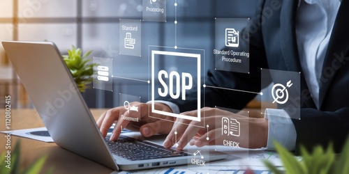 Business Professional Analyzing Standard Operating Procedures on Laptop