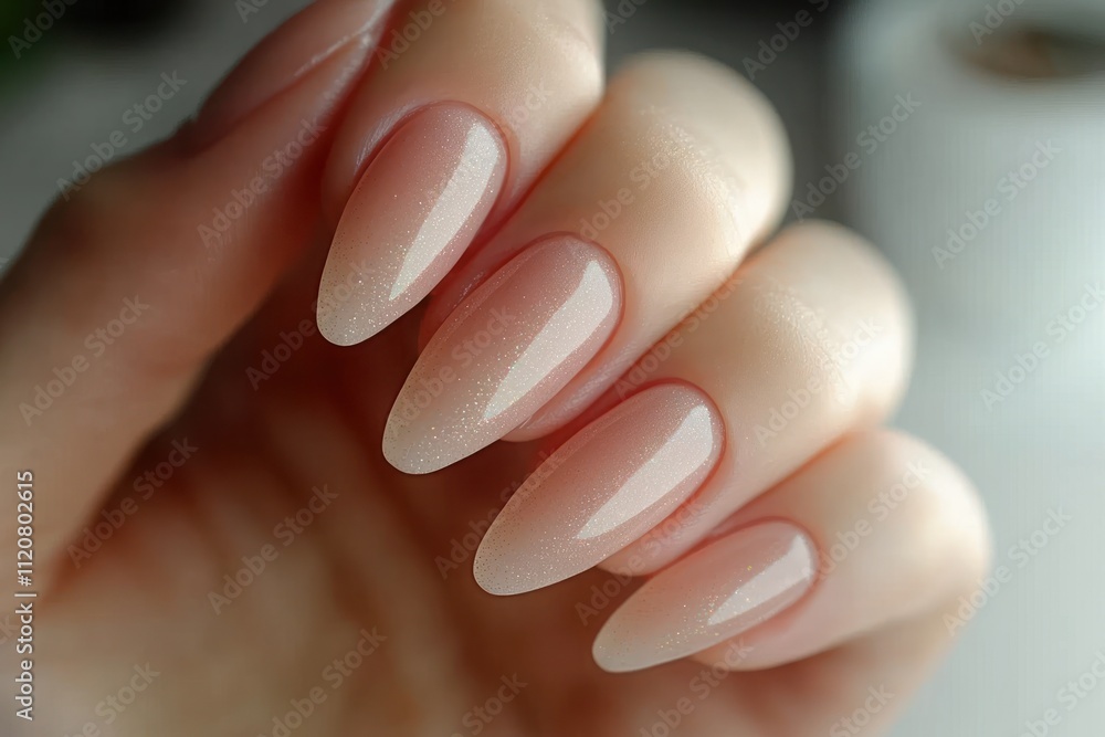 Elegant Neutral Pink Gradient Manicure on Almond Shaped Nails Closeup Elegant Neutral Pink Gradient Manicure on Almond Shaped Nails Closeup