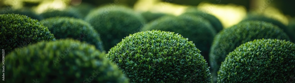 Lush green spherical shrubs in a garden. Lush green spherical shrubs in a garden.