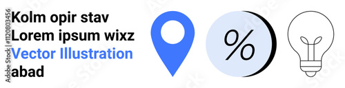 Free Download Blue location pin, percentage icon in gradient blue and black circle, and lightbulb outline with sample text. Ideal for business presentations, marketing materials, educational content, website - GFXLoad