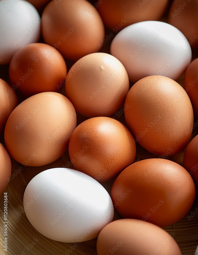 A collection of brown and white eggs in a basket. A collection of brown and white eggs in a basket.