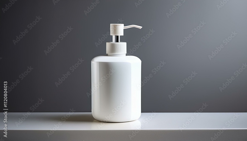 White pump bottle on a shelf against a gray background. Minimalist product display. White pump bottle on a shelf against a gray background. Minimalist product display.