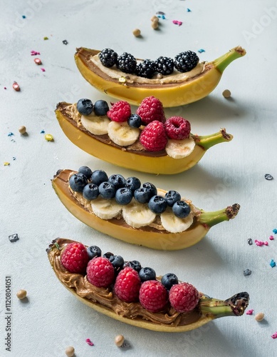 Sweet banana boats filled with peanut butter and topped with fresh berries. photo