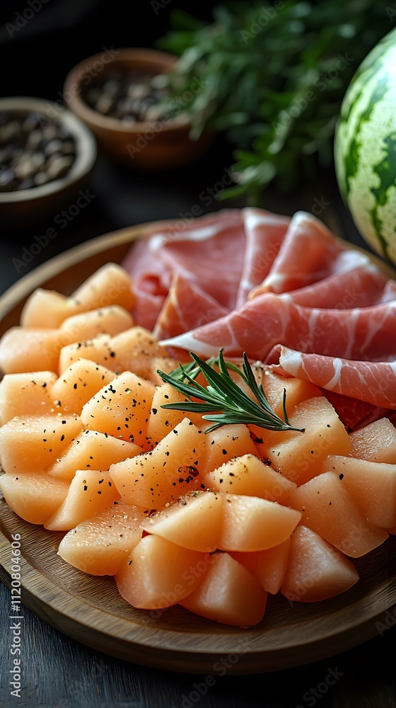 Parma Ham with cantaloupe is a perfect match, giving a feeling of freshness, luxury and taste. Suitable for use in food advertising media, menu presentations or premium dining lifestyle content. Parma Ham with cantaloupe is a perfect match, giving a feeling of freshness, luxury and taste. Suitable for use in food advertising media, menu presentations or premium dining lifestyle content.