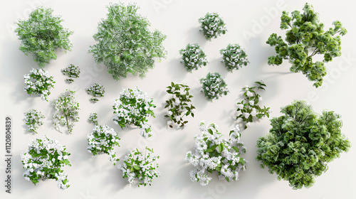 White Dogwood, Apple Trees, and Shrubs: 3D renderings from top and plan views, for illustration, architecture presentation, visualization, and digital composition.