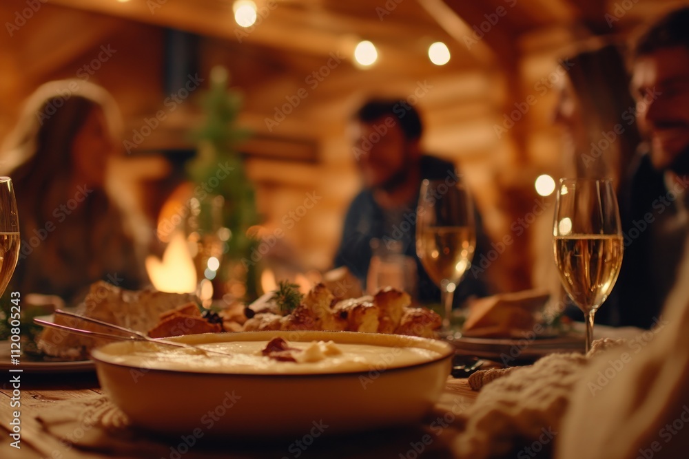Cozy gathering with food and drinks by the fireplace. Cozy gathering with food and drinks by the fireplace.