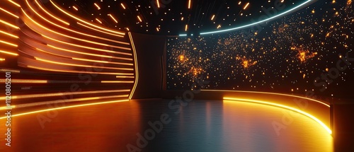 Futuristic orange neon lit curved room interior with a starry wall. photo