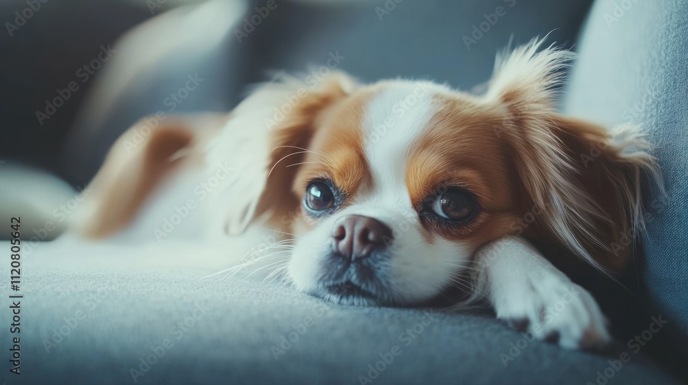 A relaxed dog resting on a couch. A relaxed dog resting on a couch.