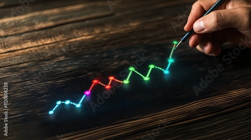 Hand drawing upward trending colorful graph on wooden surface. photo