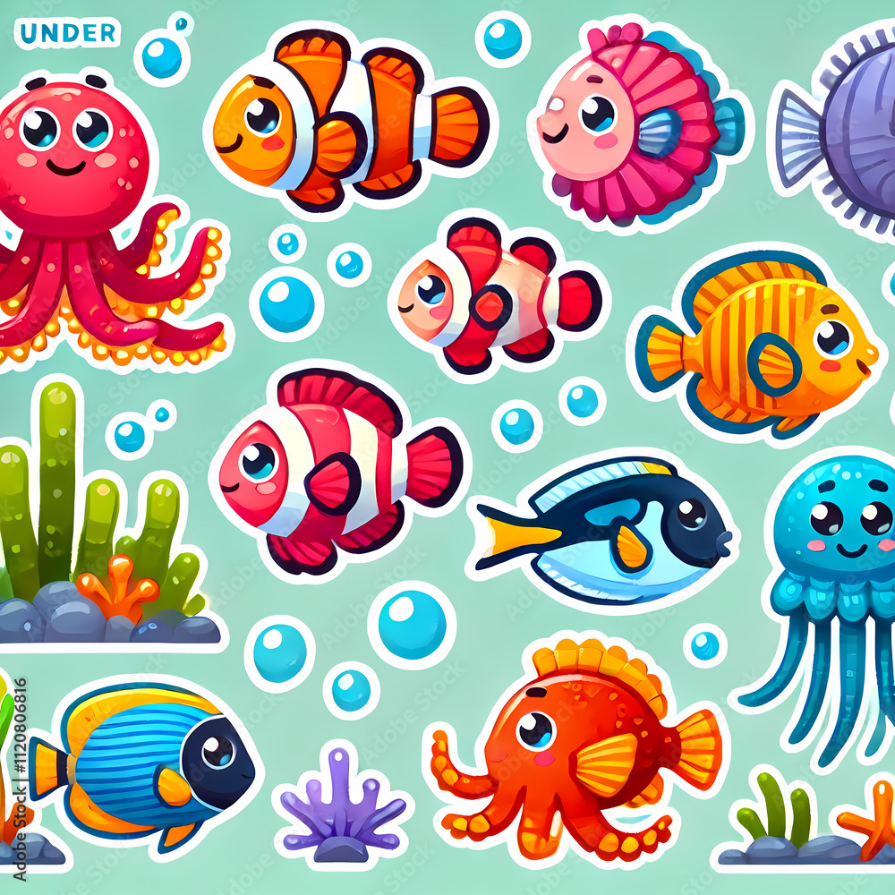 Fototapeta premium Cute pre-school animal sticker sets, Fish, Birds, Lizards, geckos, bears, wolves, dogs, cats, elephants, farm animals vector illustration for kids
