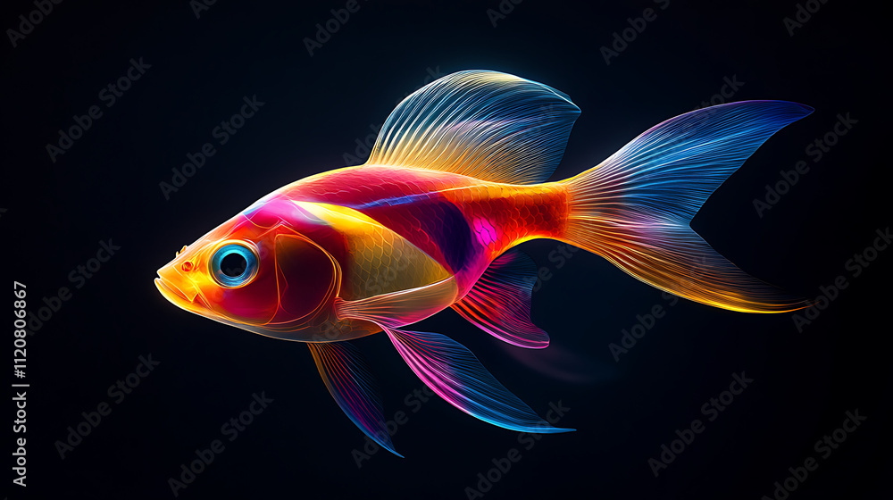 Vibrant Colorful Fish Swims in Dark Water Vibrant Colorful Fish Swims in Dark Water