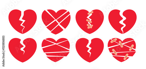 Broken heart shape clipart icon set. Red love heart clip art drawing in crack, cleaving and fixed bandage symbol elements for brokenhearted drawing collection. Vector illustration valentine simple 