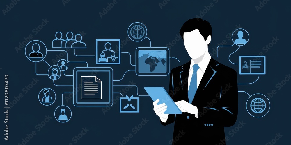 Businessman Surrounded by Technology and Social Media Icons Businessman Surrounded by Technology and Social Media Icons