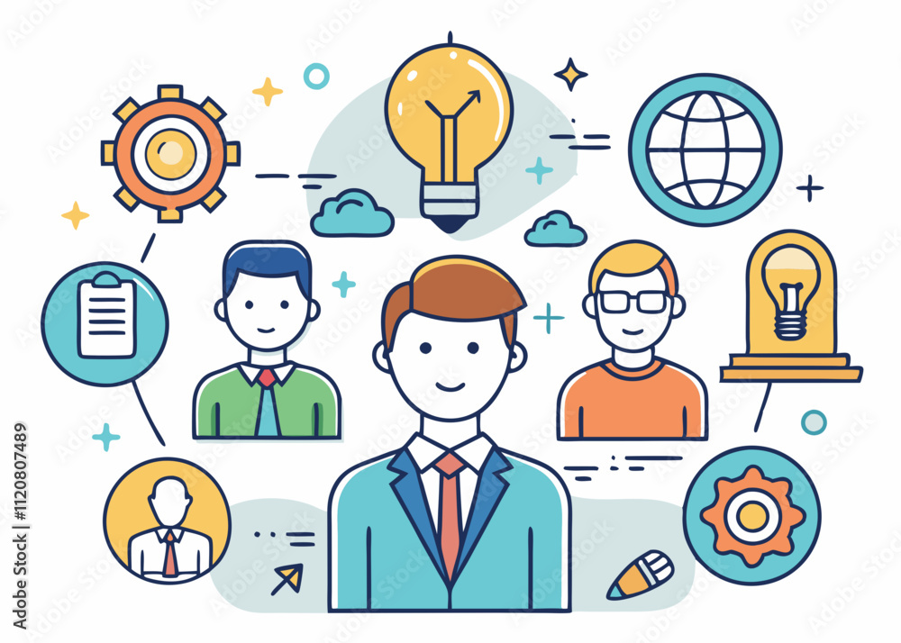Business people with network icons in a social network concept illustration Business people with network icons in a social network concept illustration