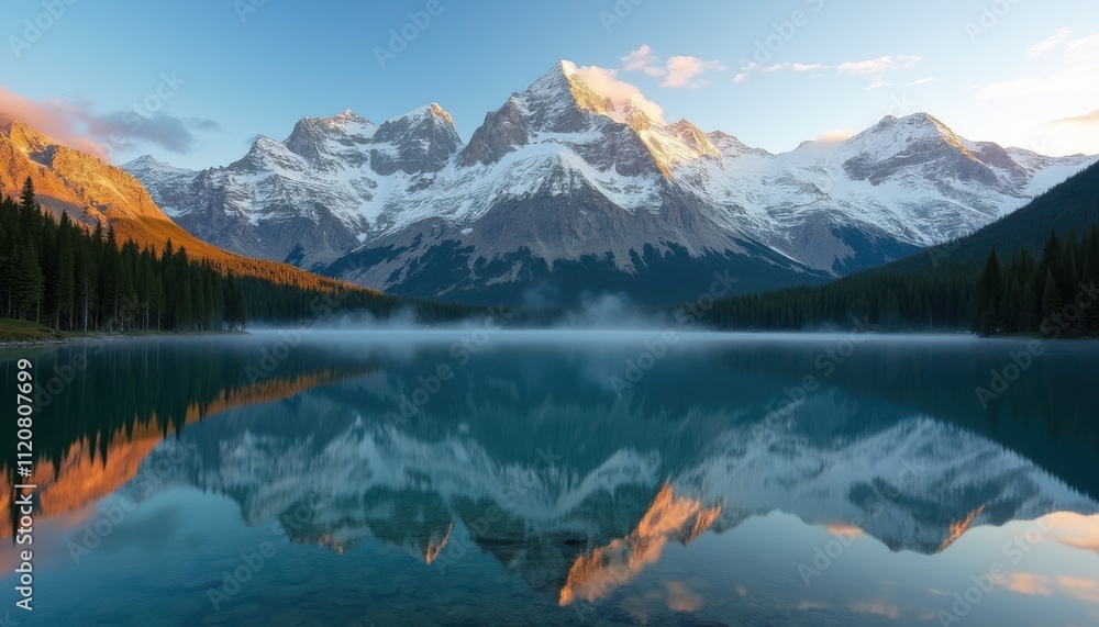 Snow-capped mountain range reflected perfectly in a crystal-clear alpine lake, surrounded by pine trees and a bright, cloudless sky. Snow-capped mountain range reflected perfectly in a crystal-clear alpine lake, surrounded by pine trees and a bright, cloudless sky.