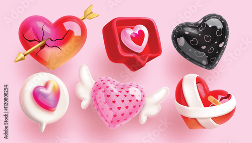 Love heart shape clip art set. Heart icon valentine symbol with cupid arrow, speech bubble, inflatable balloon with wings and broken sign elements. Vector illustration valentine's day collection.
