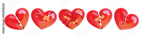 Broken heart shape clipart glass set. Broken red heart icon in glossy, shiny with wound, bandage, patches, plaster and stitches for brokenhearted icon. Vector illustration valentine crack fix 