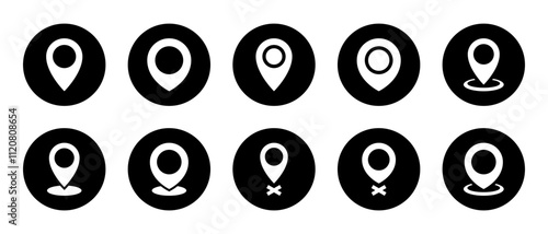 Location map pin icon set on black circle. Place marker sign symbol