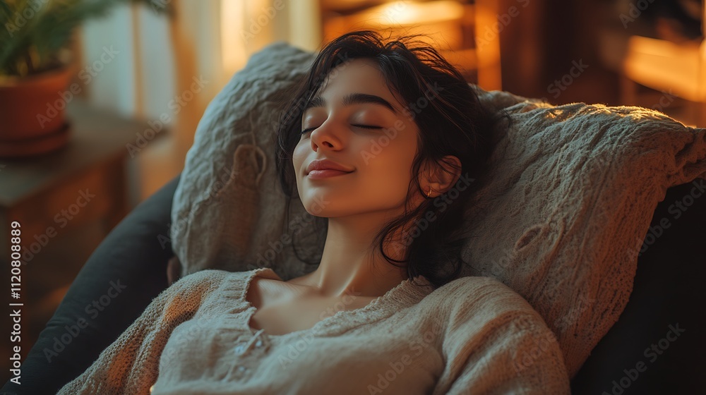 Relaxing woman enjoys serenity at home lifestyle cozy environment Relaxing woman enjoys serenity at home lifestyle cozy environment