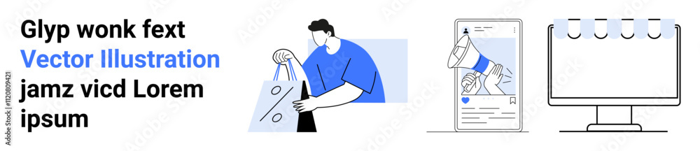 Man with shopping bags, digital marketing campaign on smartphone, calendar on computer monitor. Ideal for e-commerce, online shopping, digital marketing, content creation, social media, business Man with shopping bags, digital marketing campaign on smartphone, calendar on computer monitor. Ideal for e-commerce, online shopping, digital marketing, content creation, social media, business