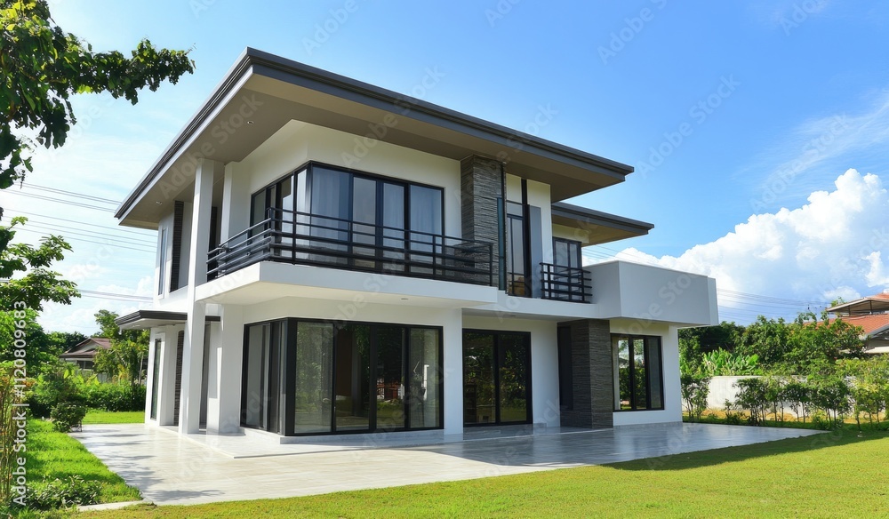 Modern two-story house design with white walls, a gray roof, and black windows Modern two-story house design with white walls, a gray roof, and black windows
