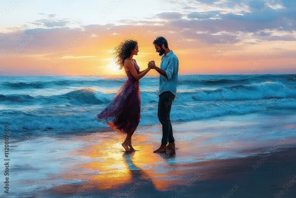 Fototapeta premium Joyful Mature African American Couple Dancing on the Beach at Sunset