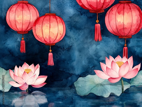 Soft watercolor of lotus flowers floating in a pond under New Year s red lanterns photo