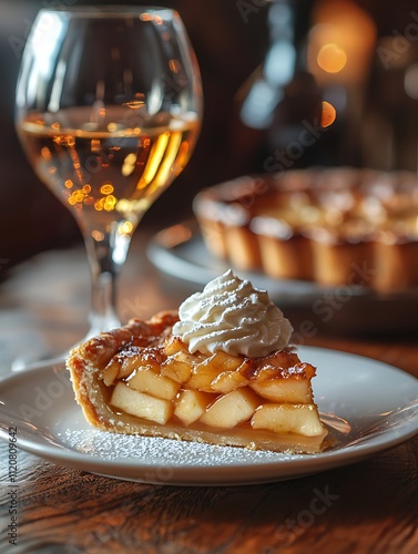 A slice of delicious apple pie topped with whipped cream, served with a glass of white wine.
