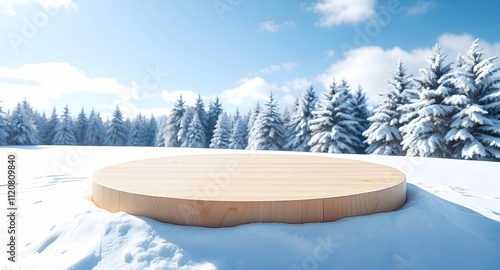 Wooden podium on snow for product display 