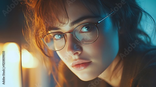 Emotion-filled close-up of woman in glasses captivating portrait