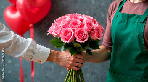 Man taking bouquet of pink roses from florist in flower shop, close up