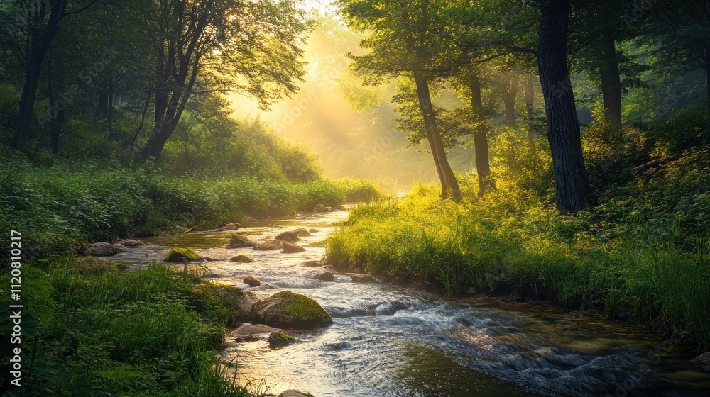 Obraz premium Serene Sunrise River in Misty Forest: A Peaceful Morning in Nature