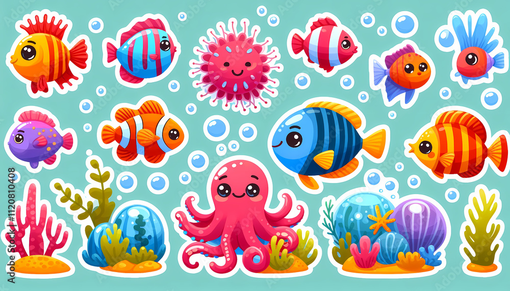 Fototapeta premium Cute pre-school animal sticker sets, Fish, Birds, Lizards, geckos, bears, wolves, dogs, cats, elephants, farm animals vector illustration for kids