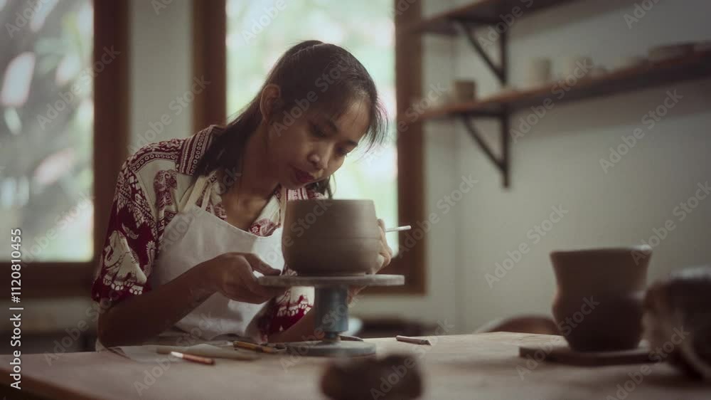 Artisan Adding Details To Pottery With Modeling Tool Artisan Adding Details To Pottery With Modeling Tool